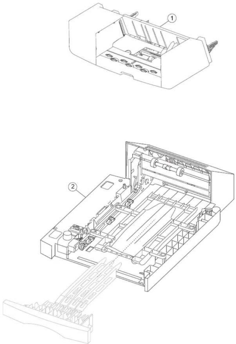Technical diagram of a printer internal structure with labeled components, showing top and side views.