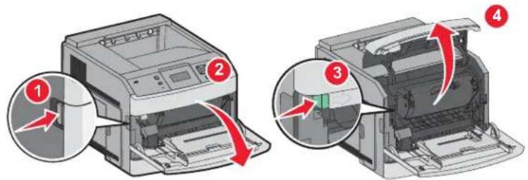 Diagram showing printer printing process with numbered steps and red arrows indicating motion