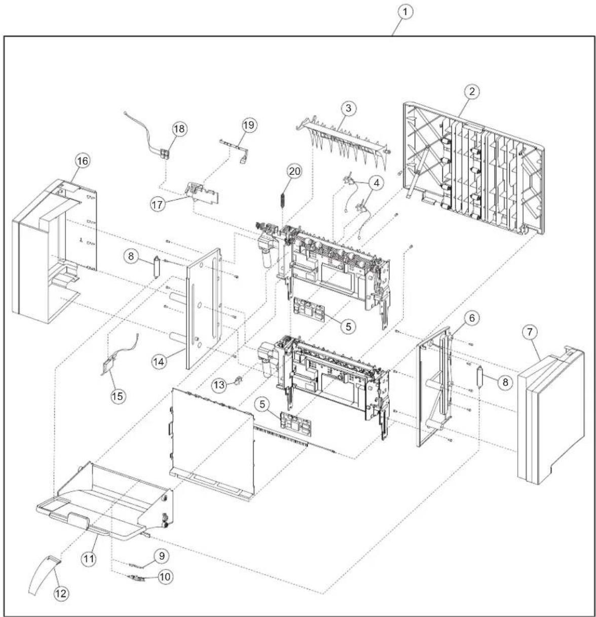 Exploded view diagram of a refrigerator internal components with numbered labels for identification.