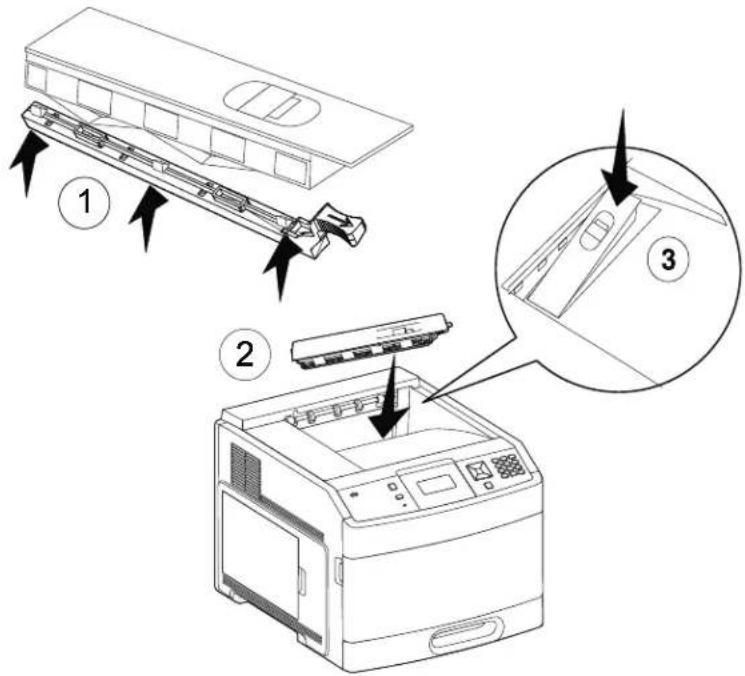 Diagram illustrating the assembly of a printer with labeled parts and steps for cleaning or assembly.