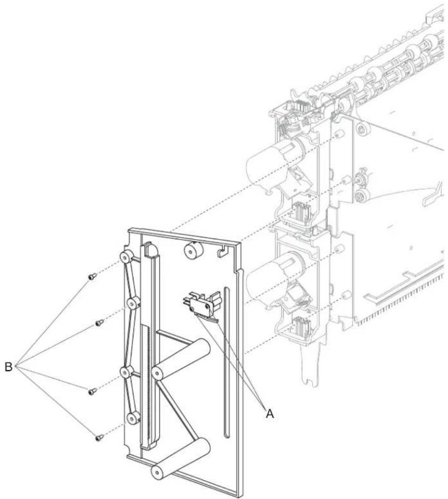 Technical schematic diagram of a mechanical assembly with labeled components A and B, showing internal components and alignment lines.