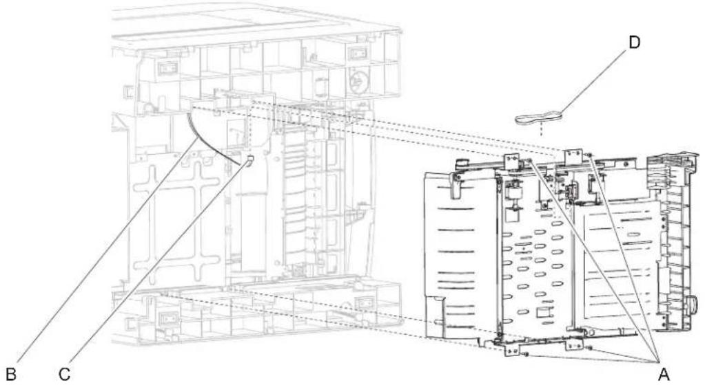 Technical diagram of a device with labeled components A, B, C, and D, showing internal structure and assembly lines.