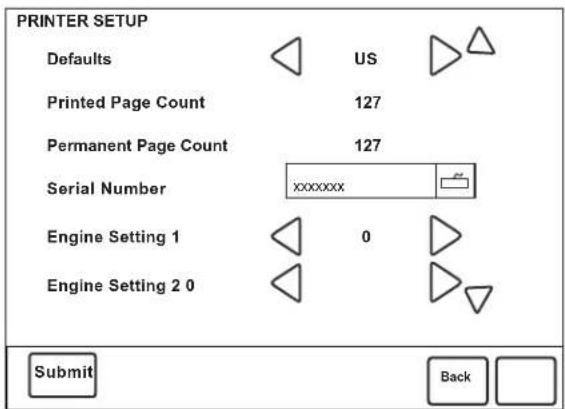 PRINTER SETUP Defaults US Printed Page Count 127 Permanent Page Count 127 Serial Number xxxxxxxx Engine Setting 1 0 Engine Setting 2 0 Submit Back