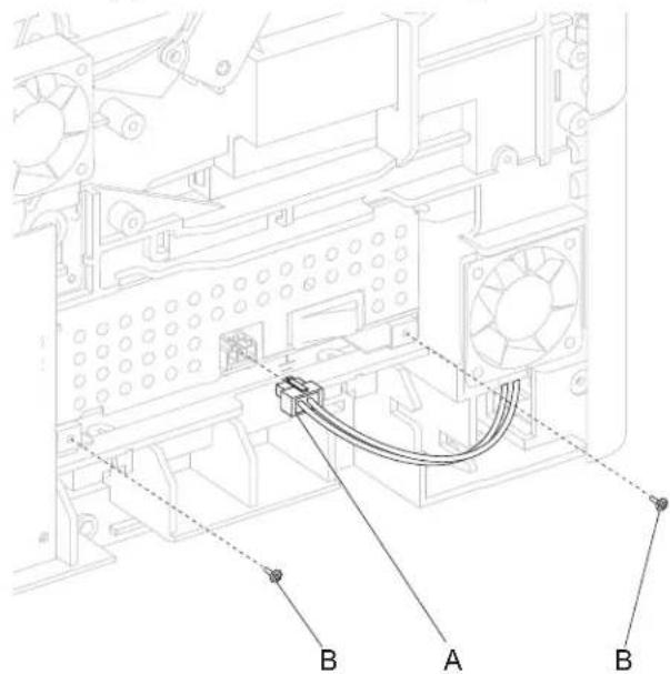 Technical diagram of a computer tower rear panel with labeled connectors A and B, showing internal components and cable routing.