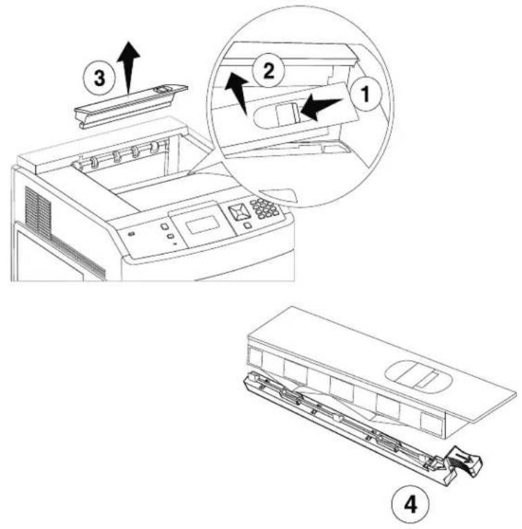 Technical diagram showing a printer's internal structure with numbered parts and directional arrows indicating assembly or inspection.