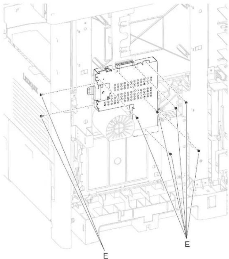 Technical diagram of an electronic device with labeled components and alignment lines, marked with 'E' and reference numbers.