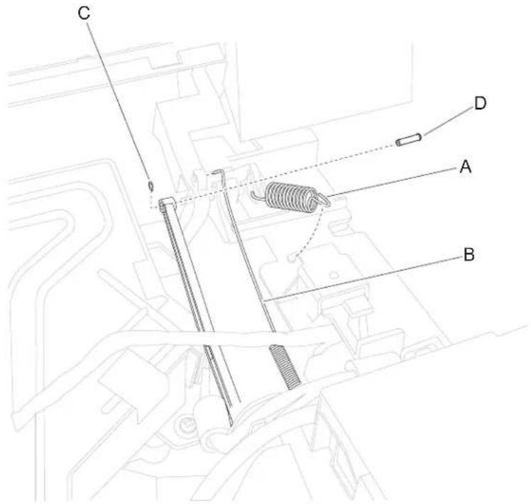 Technical diagram of a mechanical assembly with labeled parts A, B, C, D and a spring component