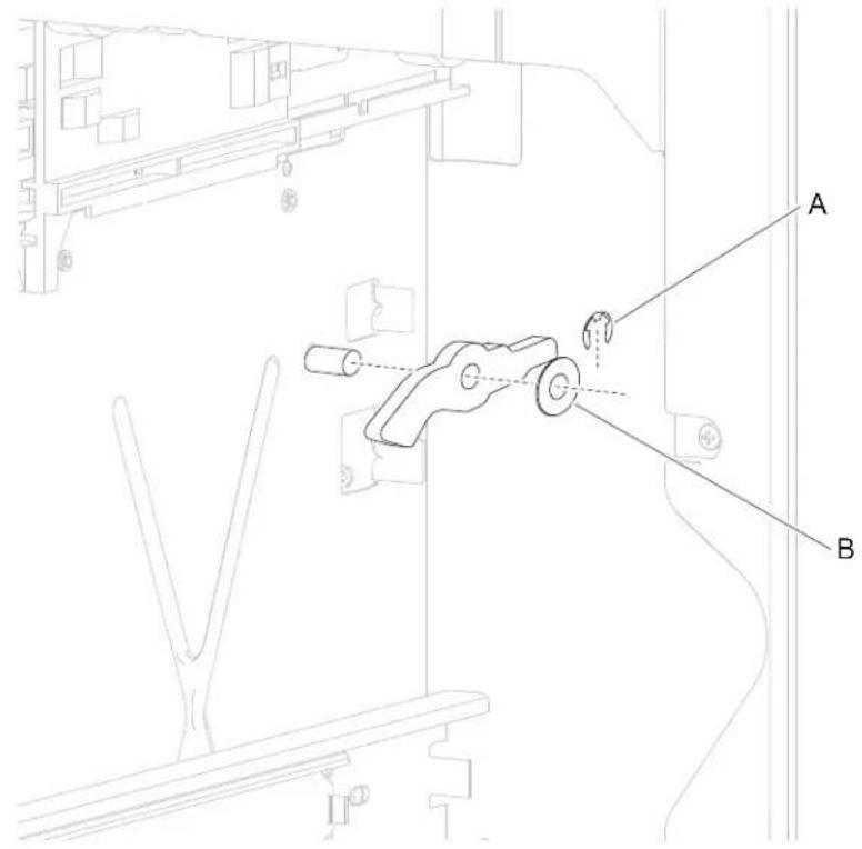 Technical diagram showing mechanical assembly with labeled parts A and B, including a tool and component layout.