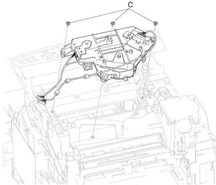 Technical diagram of a mechanical assembly with labeled components A and C, showing internal wiring and assembly structure.
