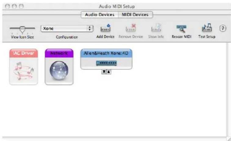 Audio MIDI Setup Audio Devices Mali Devices View Icon Size Xone Configuration Add Device Remove Device Show Info Rescan MIDI Test Setup IAC Driver Network Alien&Heath Xone:4D