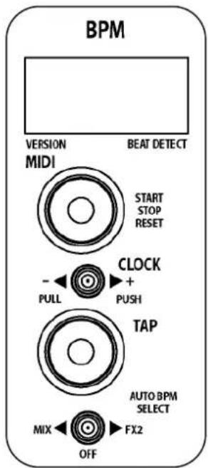 BPM VERSION MIDI BEAT DETECT START STOP RESET - PULL + PUSH CLOCK TAP AUTO BPM SELECT MIX OFF FX2