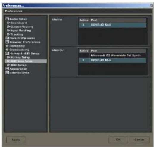 Preferences... Preferences Audio Setup Standard Output Routing Input Routing Tracking Clock Preferences Browser Preferences Recording Broadcasting Hockey & MIDI Setup Hockey Setup MIDI Interface Appearance External Sync Mid In Active Port X XONE-4D Mini Mid Out Active Port Microsoft OS Wiresetable SW Synth X XONE-4D Mini Apply OK Cancel