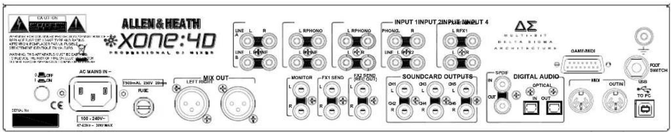ALLEN & HEATH XONE:4D PROFESSIONAL OF MIXER LINE A L R LINE B L LINE L RPHONO L LINE L RPHONO L LINE L RFX1 INPUT 1 INPUT 2 INPUT 3 INPUT 4 PHOND L R LINE L F22 L R MULTI-BIT DELTA SIOMA ARCHITECTURES ΔΣ SOUNDCARD OUTPUTS SPDIF DIGITAL AUDIO IN OUT OPTICAL IN OUT MAX OUTIN USB TO PC CA UT ON AC MAINS IN - 150mA AL 250V 20mm RUSE LEFT RIGHT MONITOR FX1 SEND FX2 SEND L R L R L RFX1 L RFX1 GAMESIDI FOOT SWITCH CONTROL No. 100 - 240V~ 47-436x - 300/ MAX
