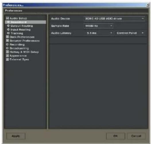 Preferences... Audio Setup Soundset Output Routing Input Routing Tracking Deck Preferences Brocer Preferences Recording Broadcasting Netkey & MIDI Setup Appearance External Sync Audio Device XONE 4D USB ASIO driver Sample Rate 44100 Hz Audio Latency $ 5 ms Control Panel Apply OK Cancel