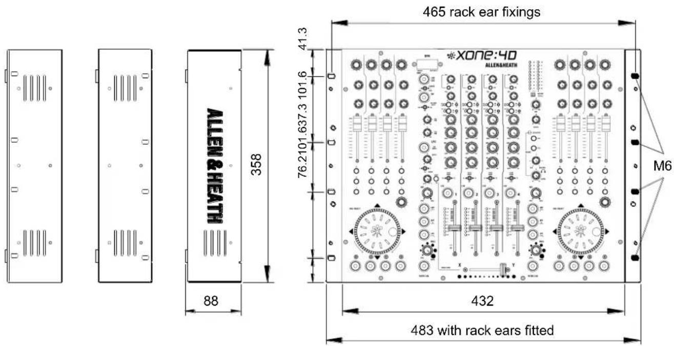 465 rack ear fixings XONE:40 ALLEN&HEATH M6 483 with rack ears fitted 432 76.2101.637.3 101.6 41.3 358 88