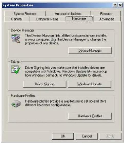 System Properties System Restore Automatic Updates Remote General Computer Name Hardware Advanced Device Manager The Device Manager lets all the hardware devices installed on your computers. Use the Device Manager to change the properties of any device. Device Manager Drivers Driver Signing lets you make sure that installed drivers are compatible with Windows. Windows Update lets you set up how Windows connects to Windows Update for drivers. Driver Signing Windows Update Hardware Profiles Hardware profiles provide a way for you to set up and store different hardware configurations. Hardware Profiles OK Cancel Apply