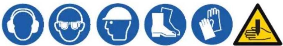 Safety warning symbols including helmet, safety gear, helmet, hand, and hazard symbol