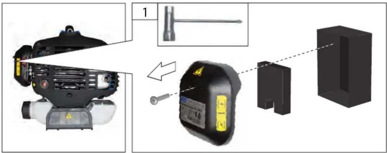 Technical diagram showing assembly steps of a mechanical device with labeled parts and a close-up view of the component.