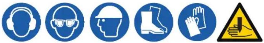 Safety warning symbols including helmet, head, helmet, boot, and hand protection with a warning triangle
