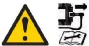 Warning symbol and technical diagram showing a yellow triangular warning sign and a mechanical device with an open book.