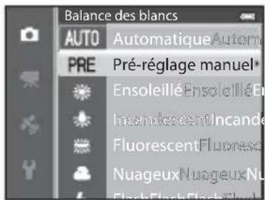 Balance des blancs AUTO Automatique Automatique PRE Pré-réglage manuel Ensoleillé Ensoleillé Ensoleillé Incandescent Incande Fluorescent Fluorescent Nuageux Nuugeux Nuugeux Flash Flash Flash Flash