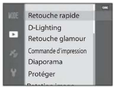 MODE Retouche rapide D-Lighting Retouche glamour Commande d'impression Diaporama Protéger