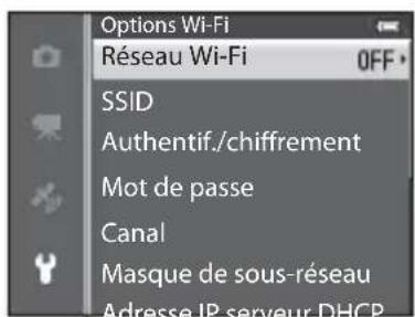 Options Wi-Fi Réseau Wi-Fi OFF SSID Authentif./chiffrement Mot de passe Canal Masque de sous-réseau Adresse IP serveur DHCP