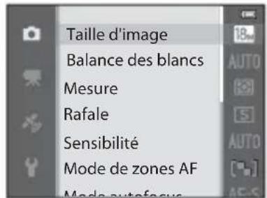 Taille d'image Balance des blancs Mesure Rafale Sensibilité Mode de zones AF Mode autofocus