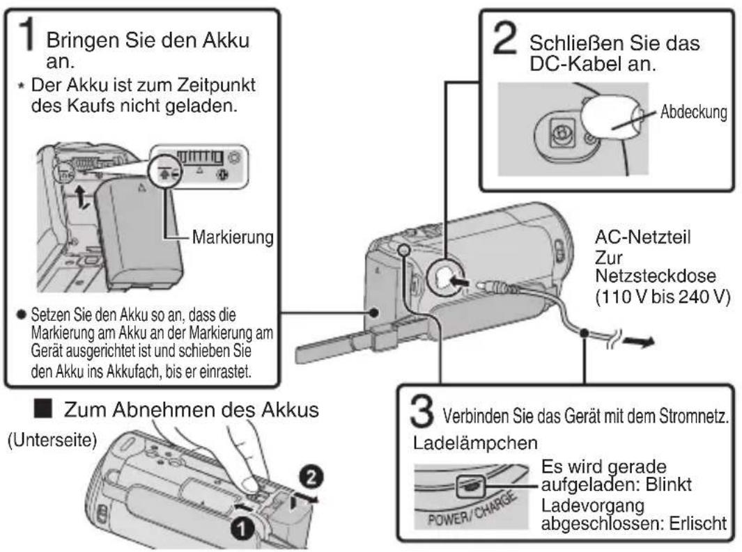 1 Bringen Sie den Akku an. • Der Akku ist zum Zeitpunkt des Kaufs nicht geladen. Markierung 2 Schließen Sie das DC-Kabel an. Abdeckung AC-Netzteil Zur Netzsteckdose (110 V bis 240 V) Setzen Sie den Akku so an, dass die Markierung am Akku an der Markierung am Gerät ausgerichtet ist und schieben Sie den Akku ins Akkufach, bis er einrastet. ■ Zum Abnehmen des Akkus (Unterseite) 3 Verbinden Sie das Gerät mit dem Stromnetz. Ladelämpchen Es wird gerade aufgeladen: Blinkt Ladevorgang abgeschlossen: Erlischt POWER/CHARGE