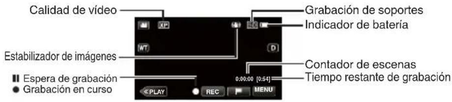 Calidad de vídeo Estabilizador de imágenes Espera de grabación Grabación en curso GP WT D 0:00:00 [0:54] RECA MENU Grabación de soportes Indicador de batería Contador de escenas Tiempo restante de grabación