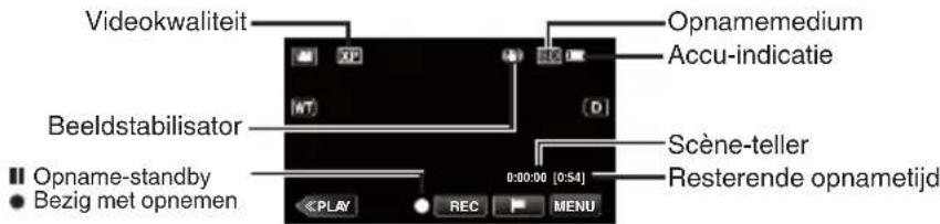Videokwaliteit Beeldstabilisator Opname-standby Bezig met opnemen OPnamemedium Accu-indicatie Scène-teller Resterende opnametijd 0:00:00 [0:54] REC MENU