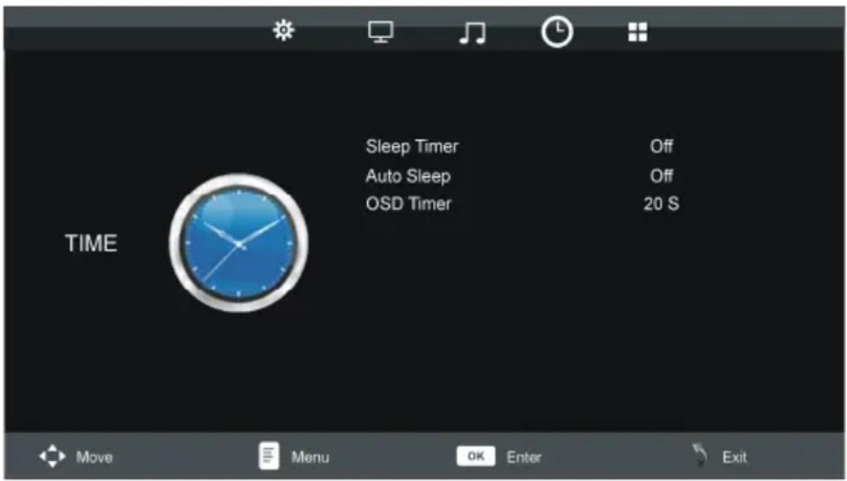 Sleep Timer Auto Sleep OSD Timer TIME Off Off 20 S Move Menu OK Enter Exit