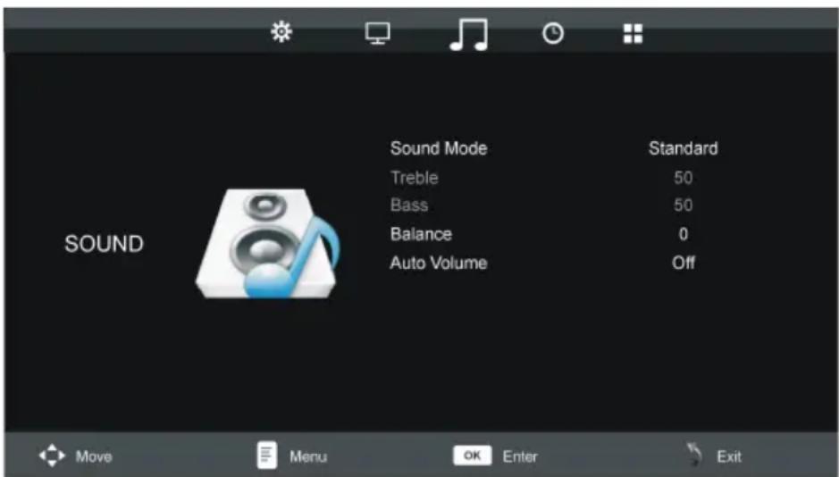 Sound Mode Treble Bass Balance Auto Volume Standard 50 50 0 Off SOUND Move Menu OK Enter Exit