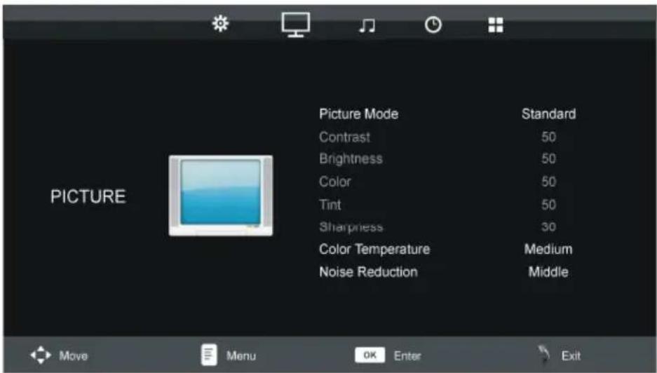 PICTURE Picture Mode Standard Contrast 50 Brightness 50 Color 50 Tint 50 Sharpness 30 Color Temperature Medium Noise Reduction Middle