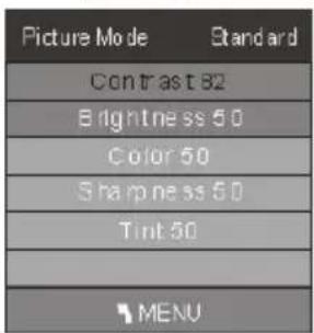 Picture Mode Standard Contrast 82 Brightness 50 Color 50 Sharpness 50 Tint 50 MENU