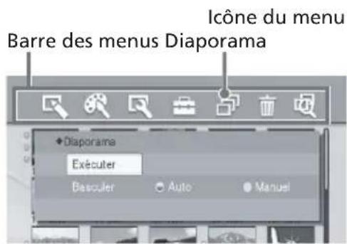 Icône du menu Barre des menus Diaporama Diaporama Exécuter Bassouler Auto Manuel