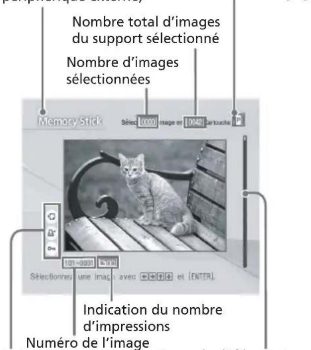 Nombre total d'images du support sélectionné Nombre d'images sélectionnées Memory Stick Sélec 0000 image et 0040 cartuette P 101-0001 Sélectionnes une image avec + + + + et (ENTER) Indication du nombre d'impressions Numéro de l'image
