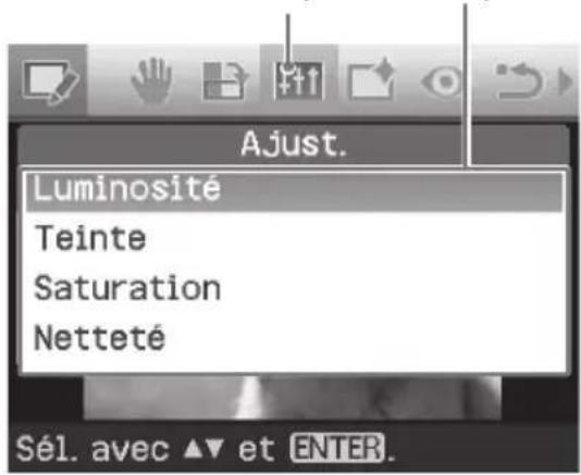 Ajust. Luminosité Teinte Saturation Netteté Sél. avec ▲▼ et ENTER.