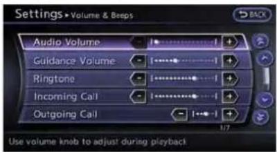 Settings • Volume & Beeps Audio Volume Guidance Volume Ringtone Incoming Call Outgoing Call 1/7 Use volume knob to adjust during playback