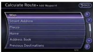 Calculate Route ▶ Add Waypoint Map Street Address Places Home Address Book Previous Destinations