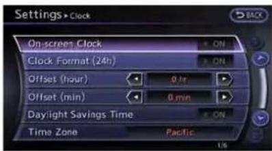 Settings > Clock On-screen Clock Clock Format (24h) Offset (hour) 0 hr Offset (min) 0 min Daylight Savings Time Time Zone Pacific 1/6
