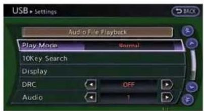 USB > Settings Audio File Playback Play Mode Normal 10Key Search Display DRC OFF Audio 1