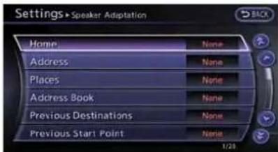 Settings > Speaker Adaptation Home None Address None Places None Address Book None Previous Destinations None Previous Start Point None 1/20