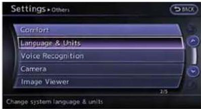 Settings > Others Comfort Language & Units Voice Recognition Camera Image Viewer 2/3 Change system language & units