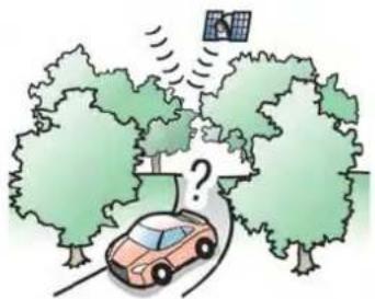 Illustration of a car driving on a road surrounded by trees, with a satellite in the sky and a question mark nearby (no text or symbols)