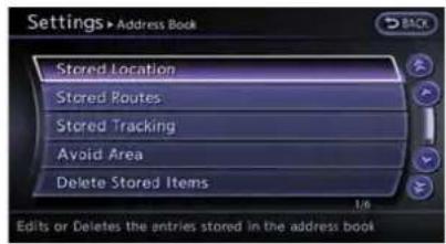 Settings > Address Book Stored Location Stored Routes Stored Tracking Avoid Area Delete Stored Items 1/0 Edits or Deletes the entries stored in the address book