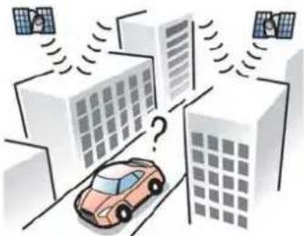 Illustration of a car on a road with multiple satellite dishes emitting signals, no text or symbols present