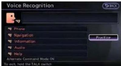 Voice Recognition Phone Navigation Information Audio Help Alternate Command Mode ON To exit, hold the TALK switch Practice