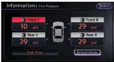 Information • Tire Pressure Front L 10 psi Front R 29 psi Rear L 29 psi Rear R 29 psi Flat Tire Select Units