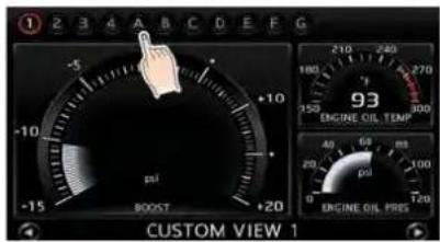 ① 2 3 4 A B C D E F G -5 -10 -15 +10 +20 BOOST pmf 210 240 180 270 150 300 93 ENGINE OIL TEMP 40 60 ms 20 psi 100 0 T20 ENGINE OIL PRS CUSTOM VIEW 1